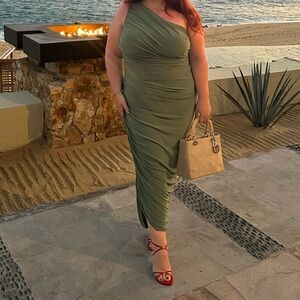 Norma Kamali Olive Green One-Shoulder Dress